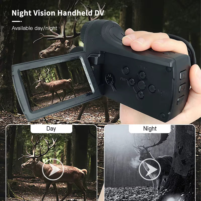 Handheld night vision camcorder capturing a deer in forest during day and night with clear LCD display TUTT