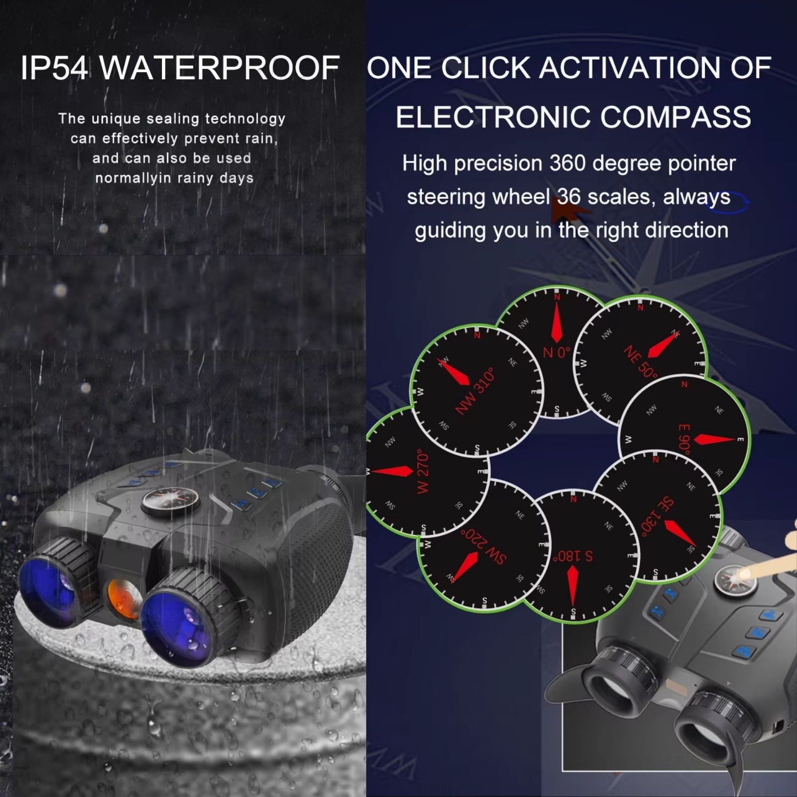 Waterproof night vision binoculars with IP54 rating and one-click electronic compass activation, shown with rain and compass dial close-up TUTT
