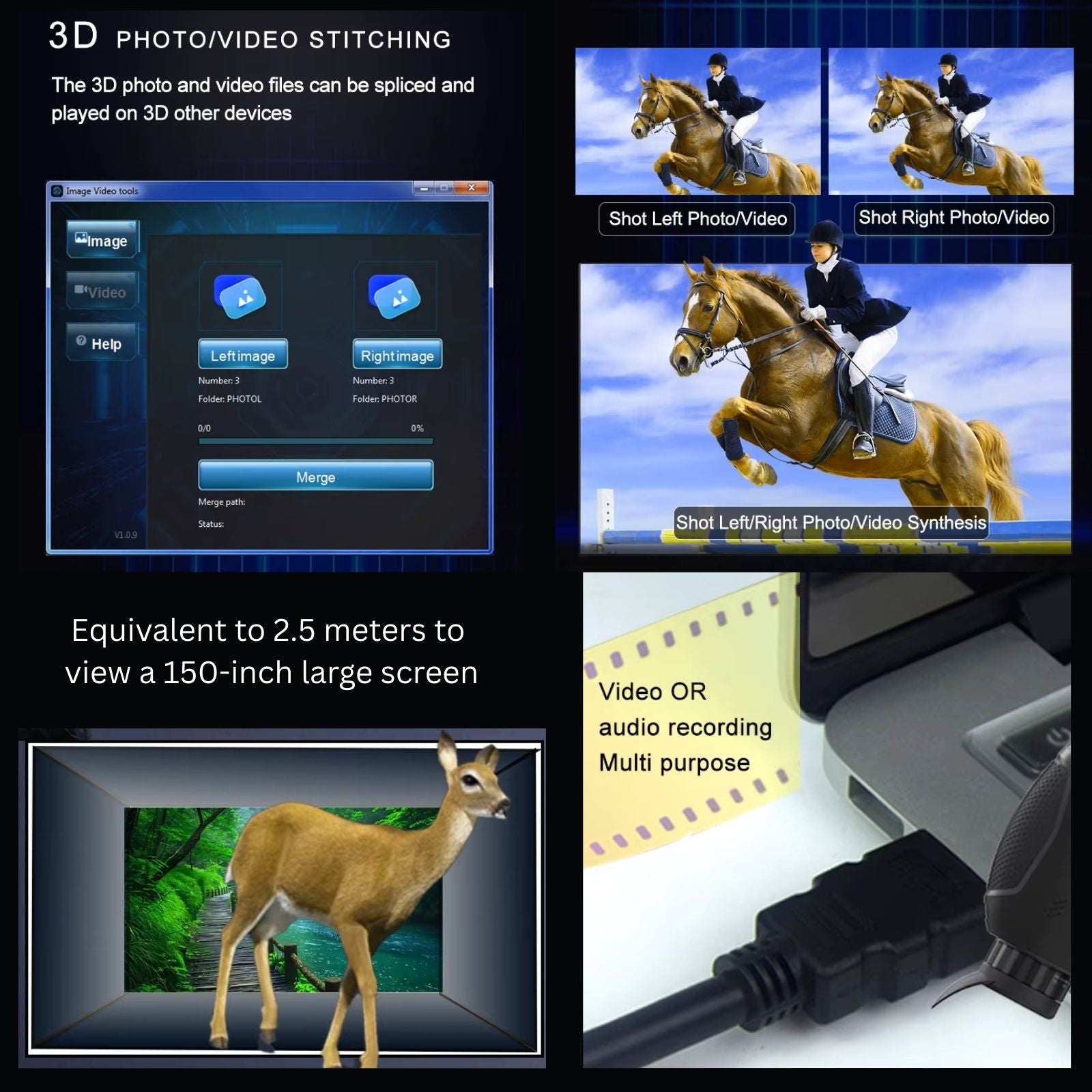 3D photo and video stitching software interface with horse riding images combined and deer on large screen showing 3D effect, plus video or audio cable connection, TUTT