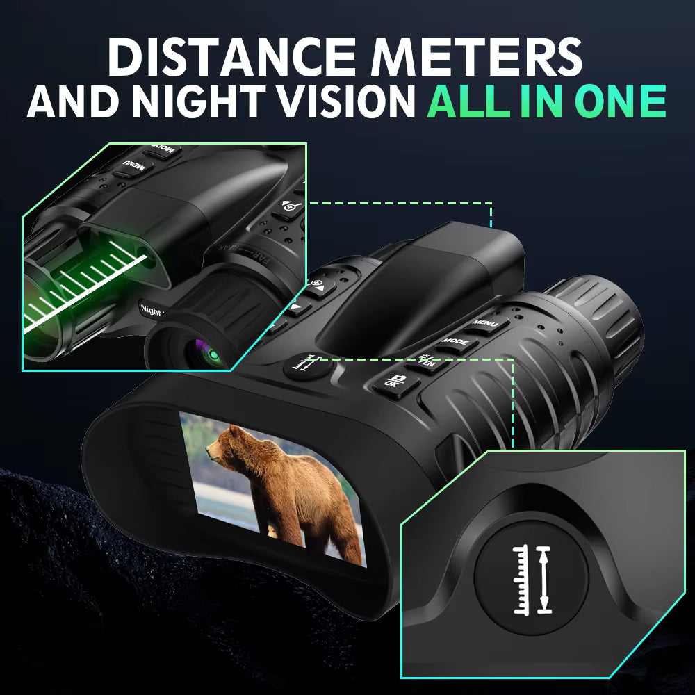 Black night vision device with a screen displaying a bear, surrounded by text 'Distance Meters and Night Vision All in One'.