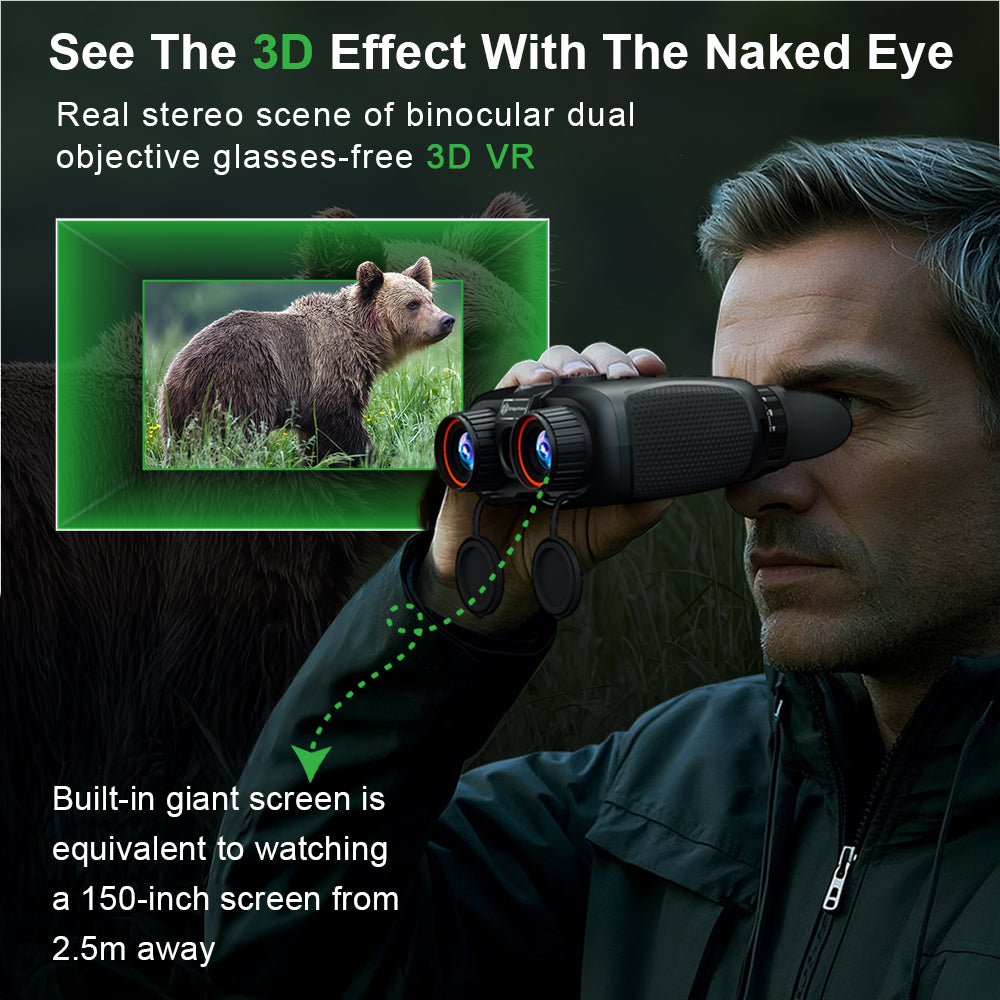 Man using black night vision binoculars with 3D VR effect showing bear in forest, highlighting giant virtual screen equivalent to 150-inch display TUTT
