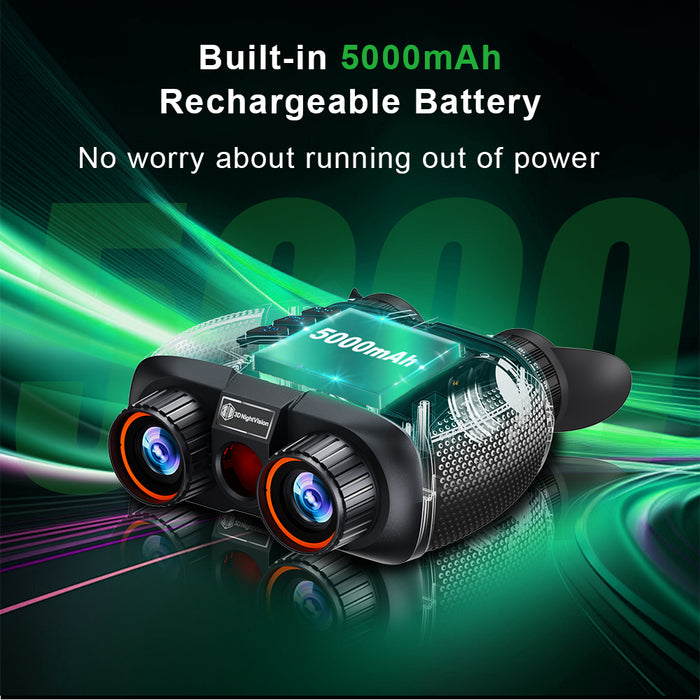 Compact 3D night vision binoculars with dual lenses and built-in 5000mAh rechargeable battery, highlighted by green and purple light trails on black background TUTT