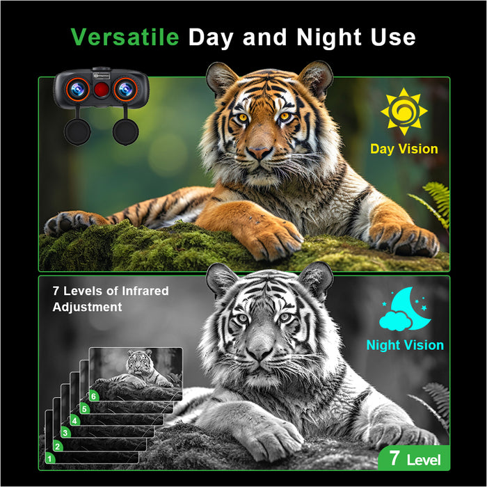 TUTT day and night vision binoculars with tiger images showing 7 levels infrared night mode and vibrant day view TUTT