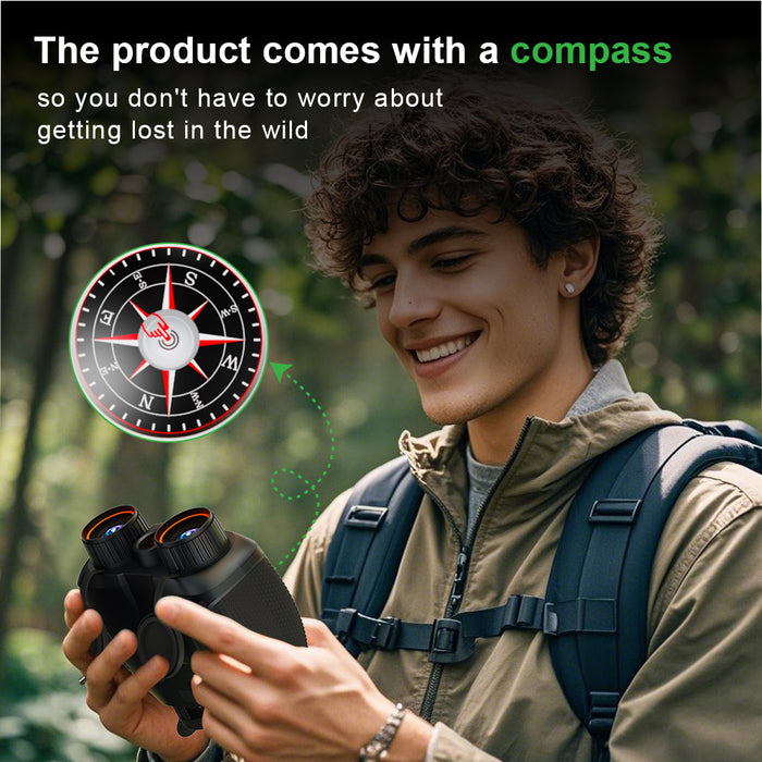 Young man with backpack using black binoculars with compass overlay in forest setting for hiking navigation TUTT