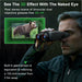 Man using black night vision binoculars with 3D VR effect showing bear in forest, highlighting giant virtual screen equivalent to 150-inch display TUTT
