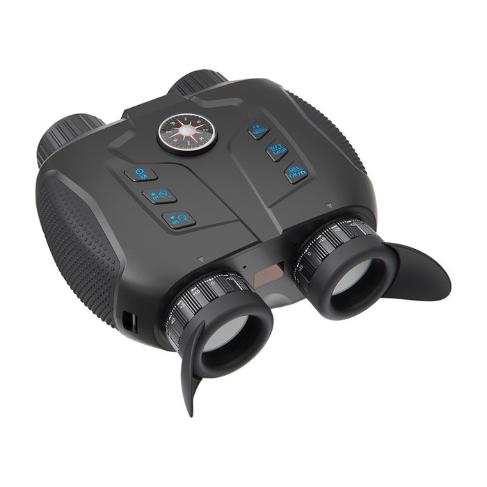 Black night vision binoculars with dual eyepieces, digital controls, and a built-in compass on top, TUTT
