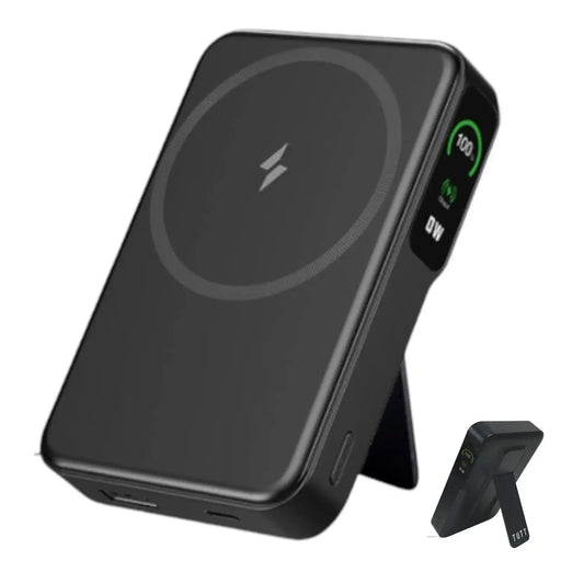 Black wireless power bank with digital display showing 100% charge on side, adjustable stand TUTT