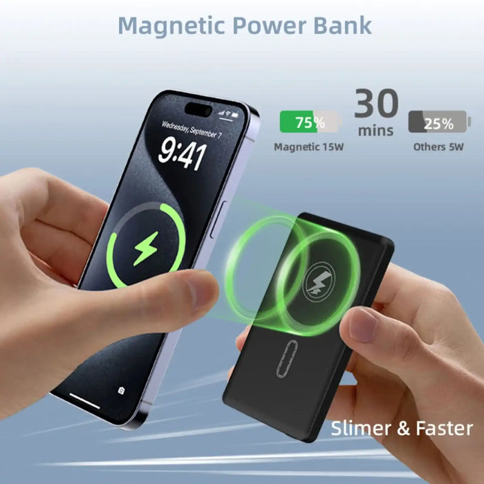 Hands holding a smartphone wirelessly charging with a magnetic power bank showing 75% charge in 30 mins, slim and fast TUTT