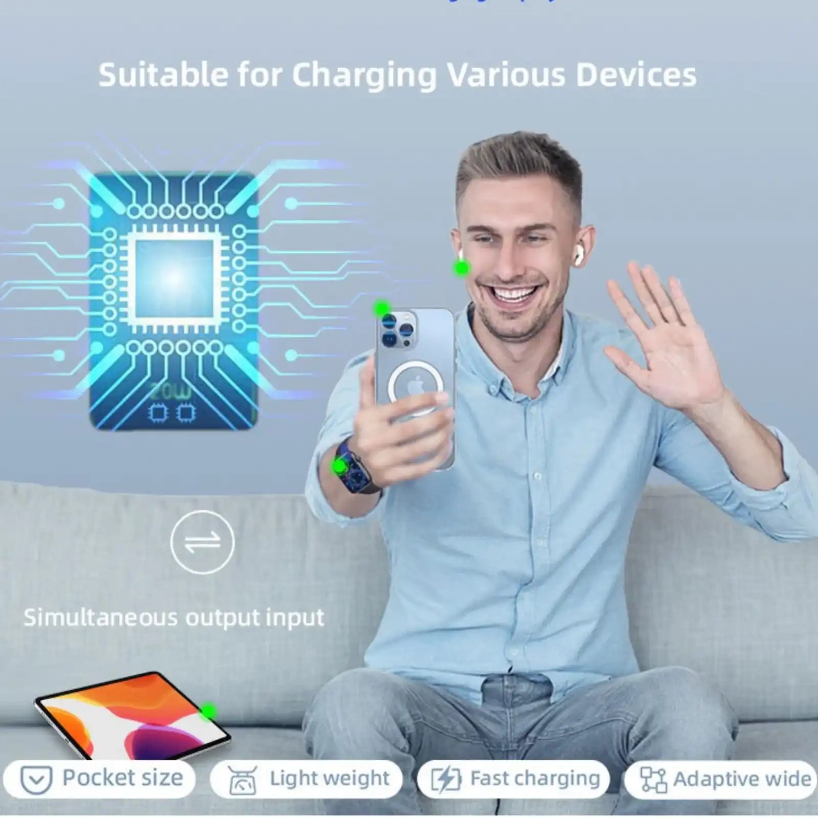 Smiling man with wireless earbuds video calling on smartphone sitting on sofa with tablet nearby and tech icons TUTT
