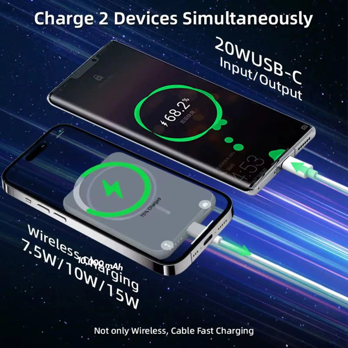 Two smartphones charging simultaneously with 20W USB-C and wireless 7.5W/10W/15W fast charging capabilities TUTT