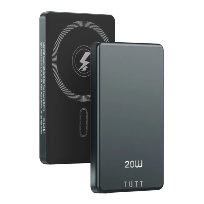Black compact 20W power bank with wireless charging symbol and USB-C port on side TUTT