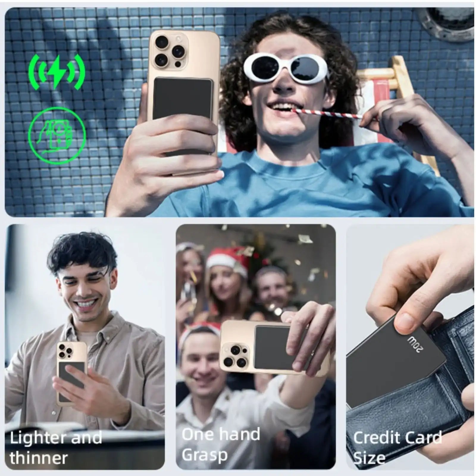 Young man using slim credit card size power bank attached to phone with one hand grasp,TUTT