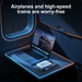 Laptop on a tray table with a phone and power adapter, set against a dark background with text about air travel.