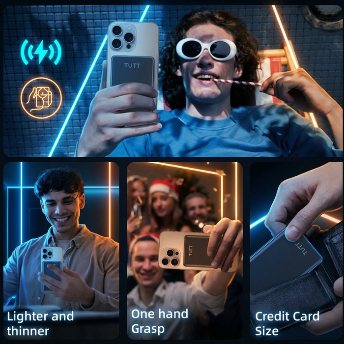 Person holding a smartphone with TUTT branding, surrounded by promotional graphics and text.