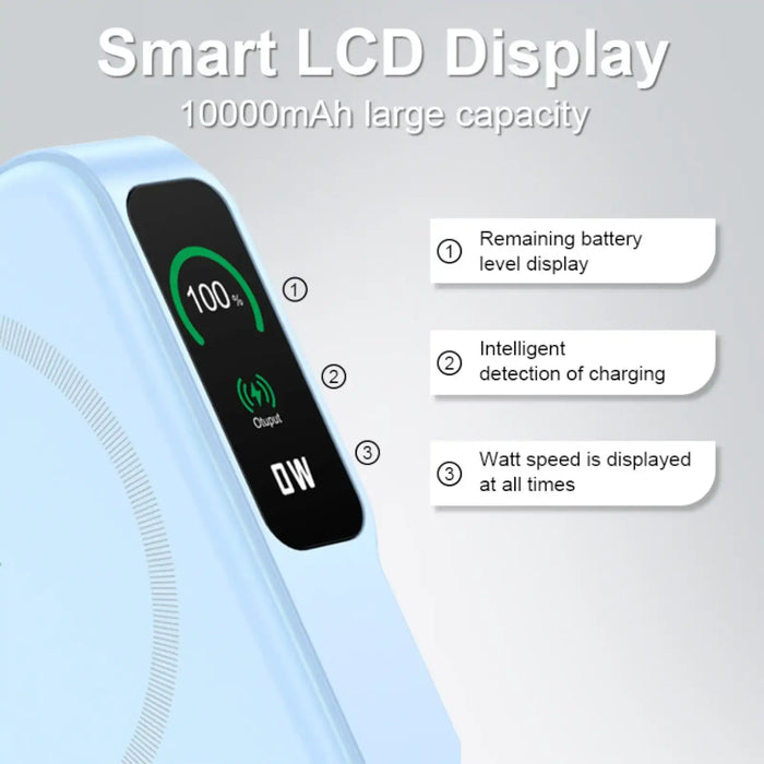 Close-up of a light blue 10000mAh power bank with smart LCD display showing 100% battery, wireless charging icon, and watt speed, features highlighted TUTT