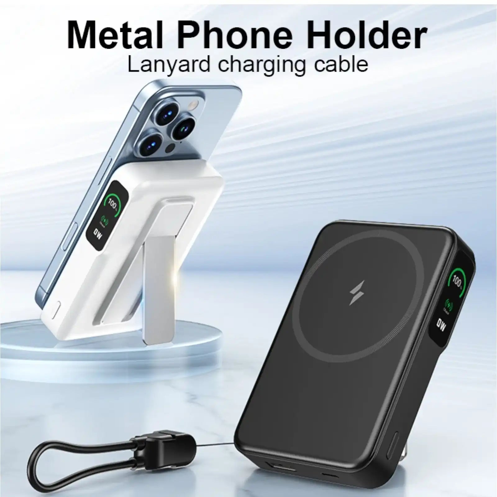 White and black wireless power banks with metal phone holder and lanyard charging cable, compatible with smartphones TUTT