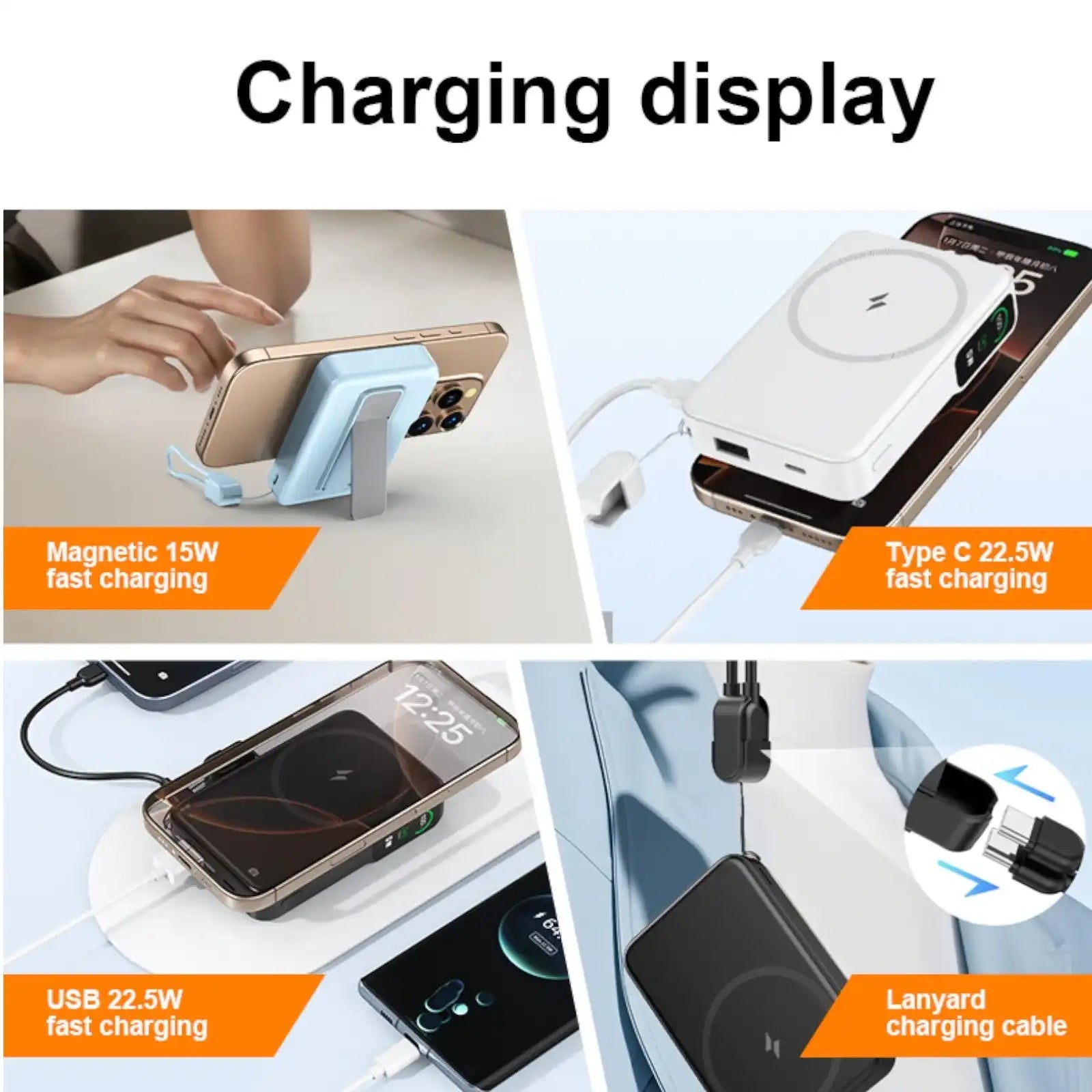 Collage showing portable power banks charging smartphones with magnetic 15W, Type C 22.5W, USB 22.5W fast charging, and lanyard cable display TUTT