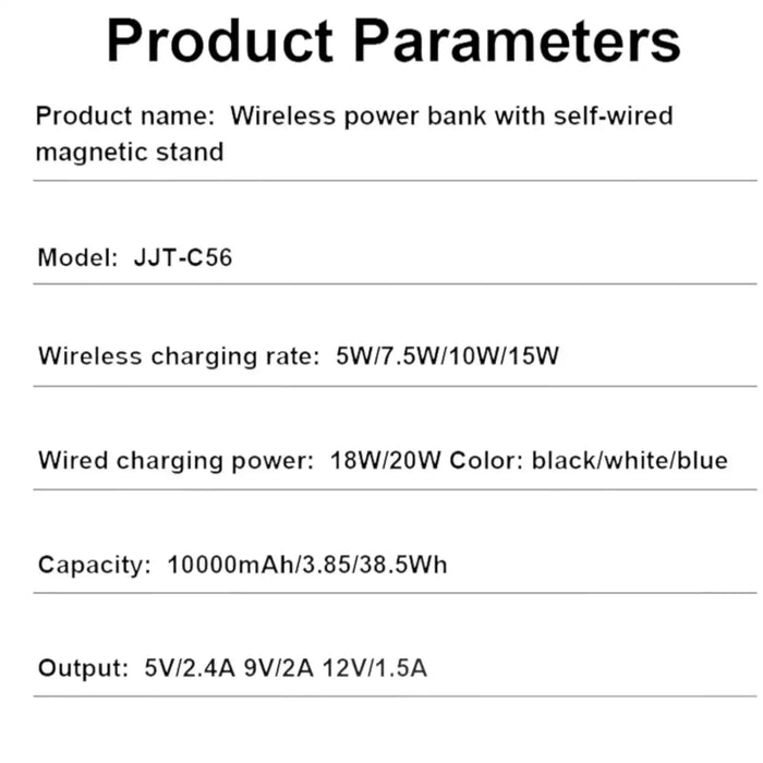 Wireless power bank model JJT-C56 with self-wired magnetic stand, 10000mAh capacity, 5-15W wireless charging, 18-20W wired charging, available in black, white, blue TUTT