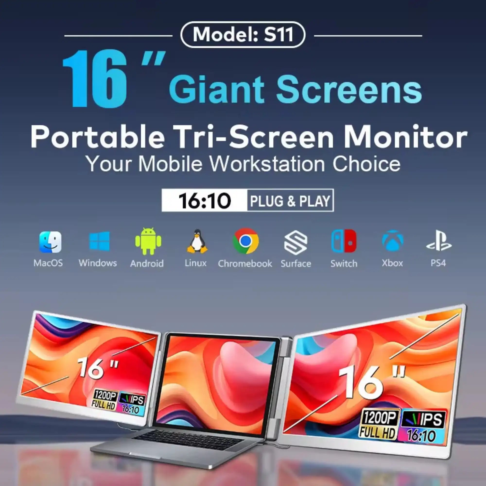 TUTT 16” Dual Portable Monitor | 16:10 Ratio FHD IPS Triple Screen Extender | Dual Rotating Screens | Standalone | H5 Converter Cable | Windows, Mac OS – Model S11