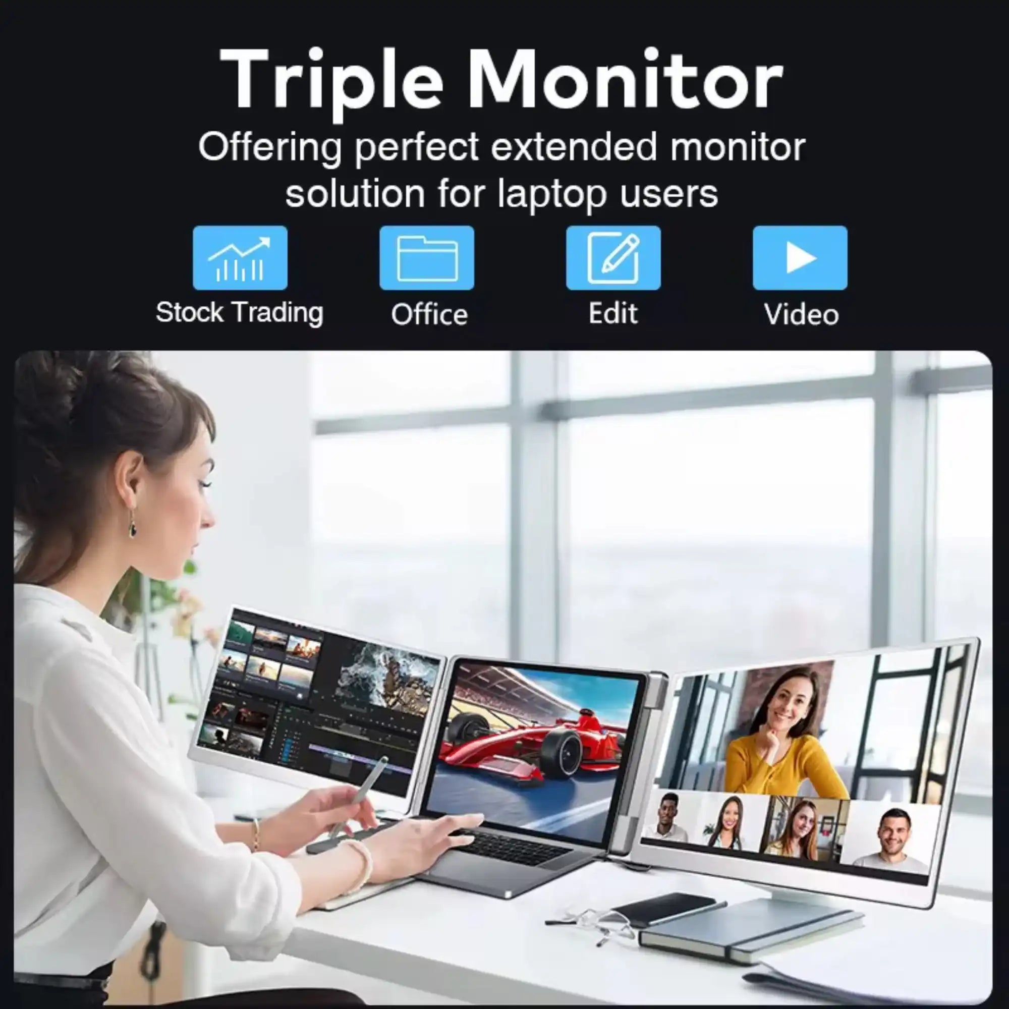 TUTT 16” Dual Portable Monitor | 16:10 Ratio FHD IPS Triple Screen Extender | Dual Rotating Screens | Standalone | H5 Converter Cable | Windows, Mac OS – Model S11