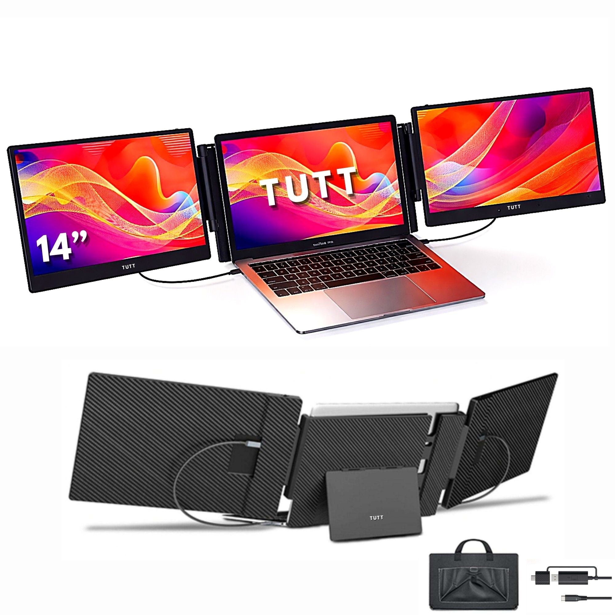 TUTT 14” FHD Portable Monitor – S3 Triple Screen Extender, IPS, Built-in Stand & Speakers | All Devices Compatible with Converter Cable (H5 Included)