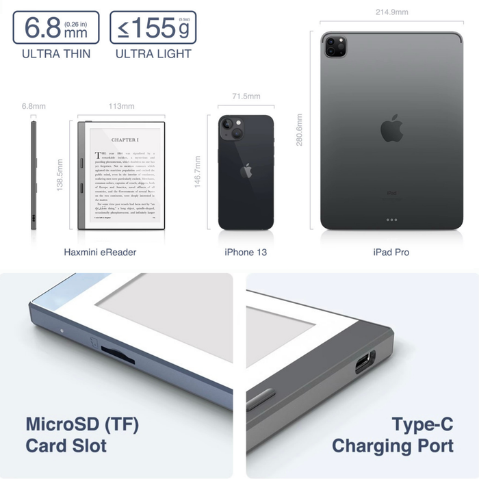 Haxmini eReader ultra thin 6.8mm and light 155g with MicroSD slot and Type-C port compared to iPhone 13 and iPad Pro TUTT