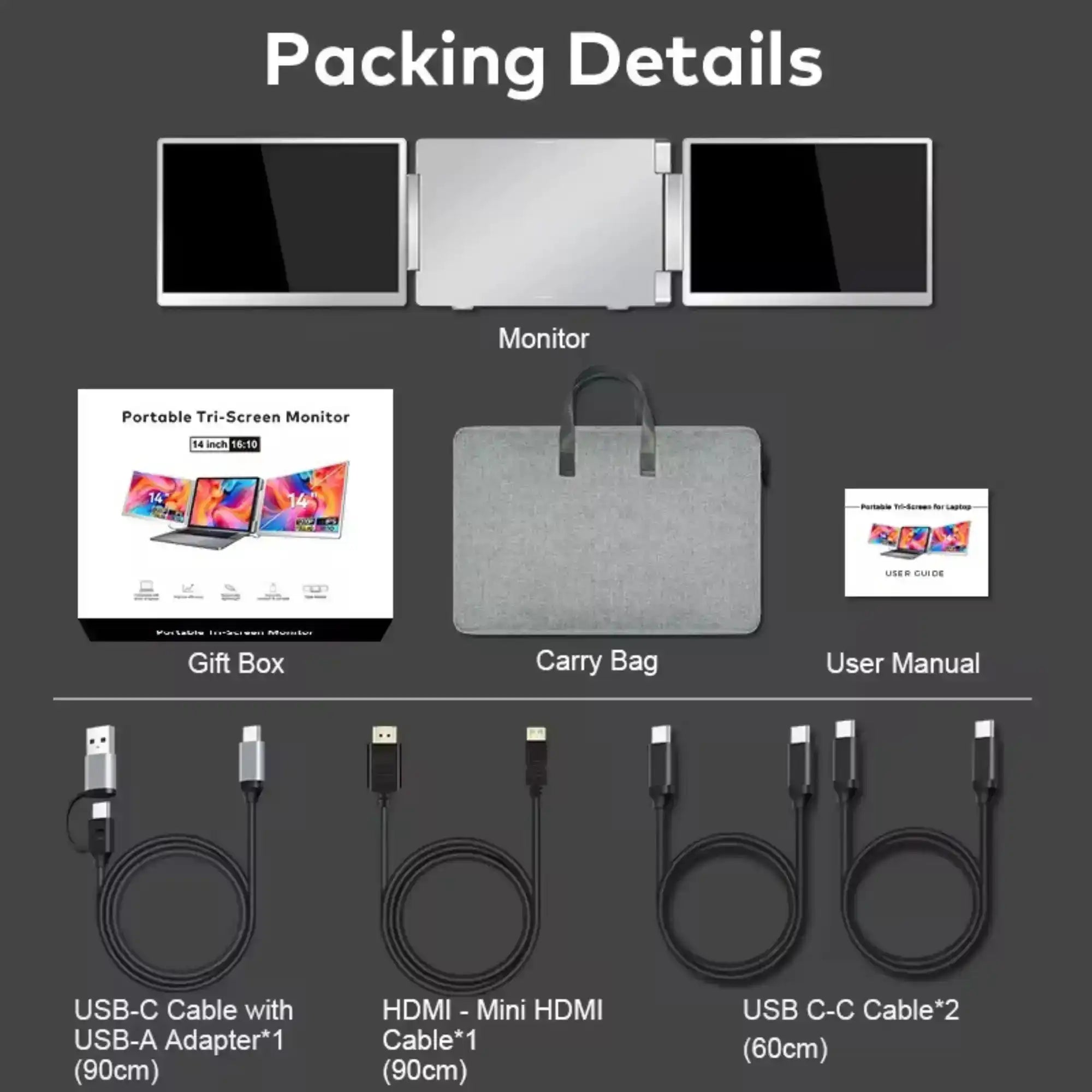 TUTT 16” Dual Portable Monitor | 16:10 Ratio FHD IPS Triple Screen Extender | Dual Rotating Screens | Standalone | H5 Converter Cable | Windows, Mac OS – Model S11