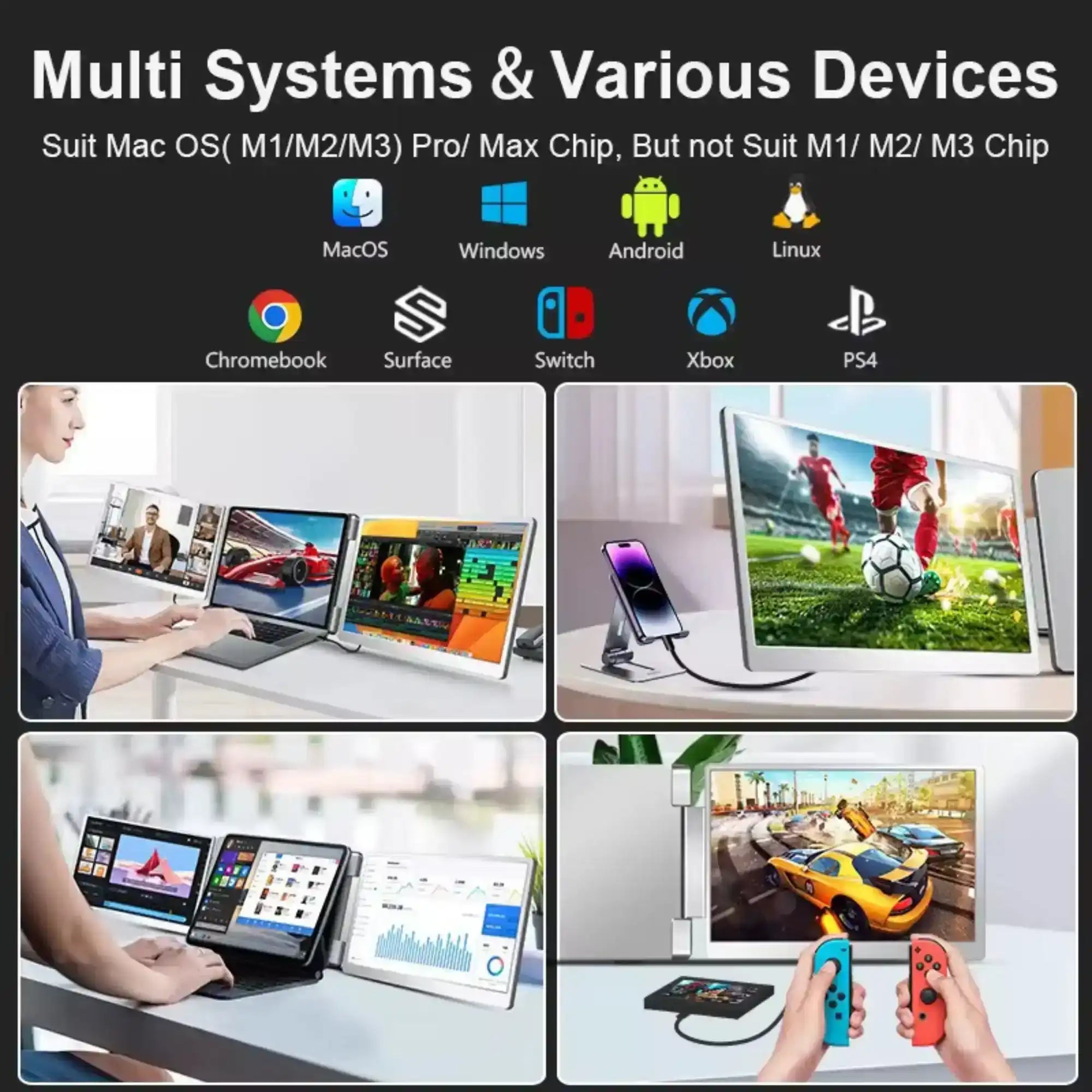 TUTT 16” Dual Portable Monitor | 16:10 Ratio FHD IPS Triple Screen Extender | Dual Rotating Screens | Standalone | H5 Converter Cable | Windows, Mac OS – Model S11