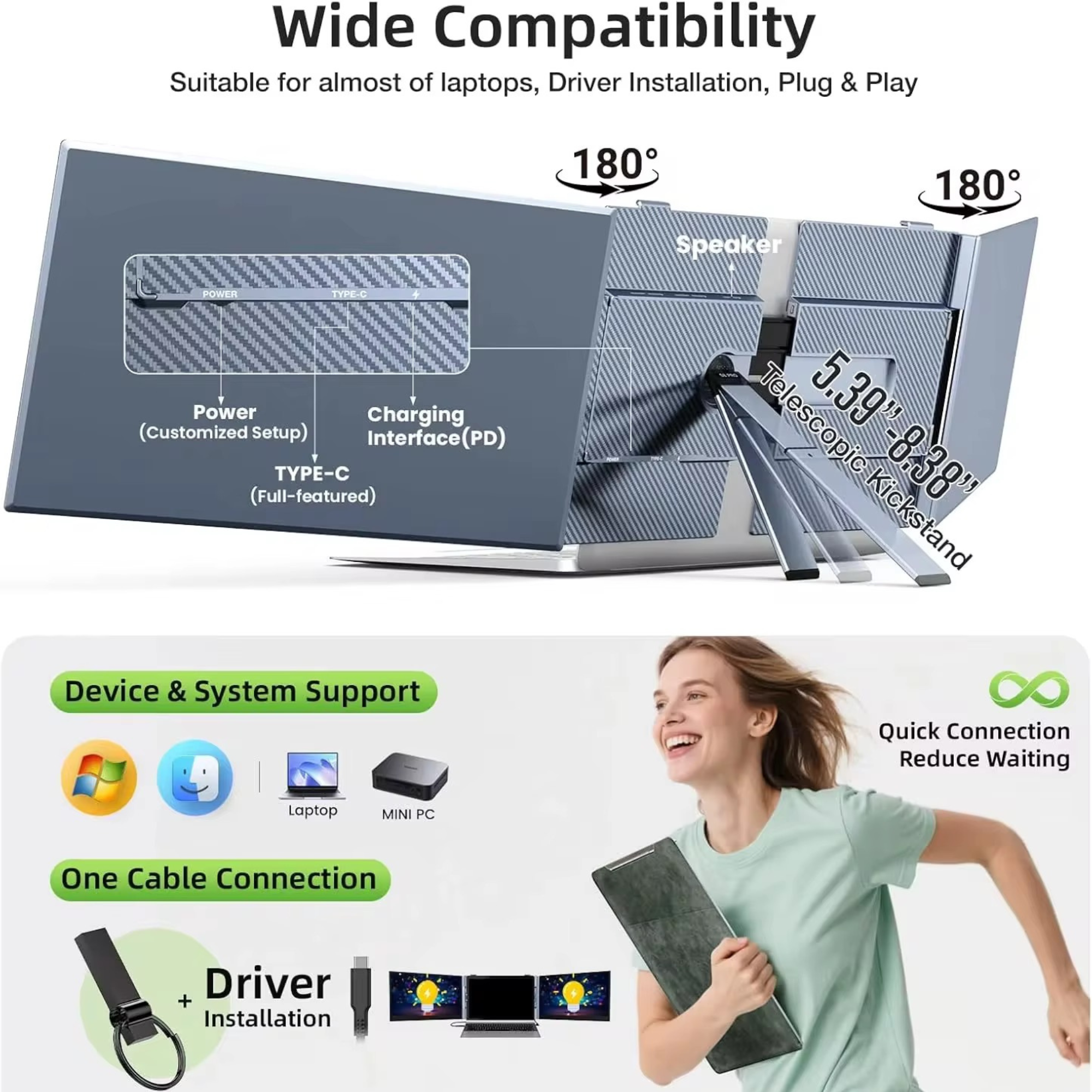 TUTT S8Ultra 14” Portable Monitor for Laptop | Single Cable Connection | Ultra Slim-Light | Plug & Play USB-C | Laptop Screen Extender for Mac/Win