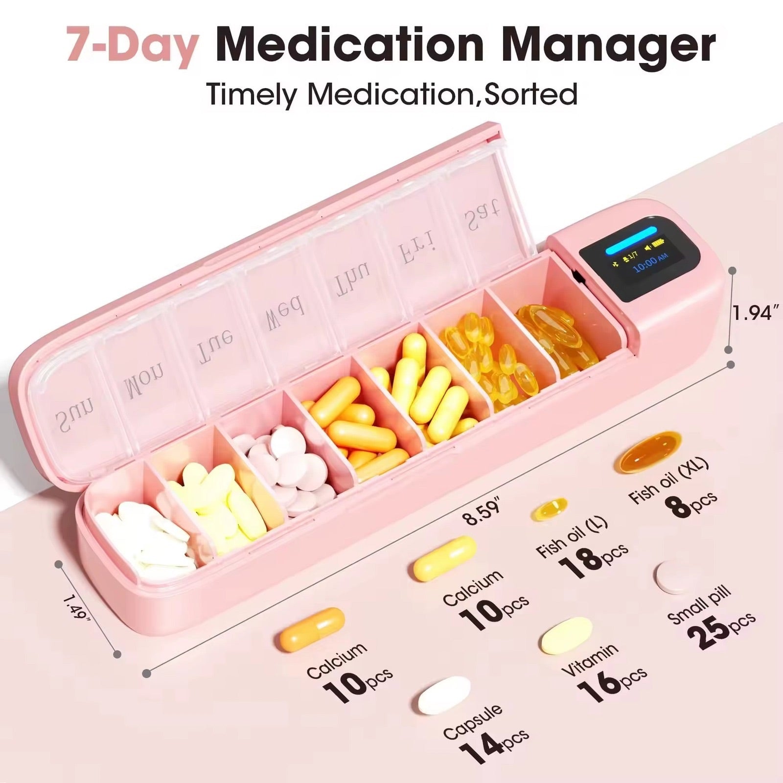 Pink 7-day medication organizer with labeled compartments filled with various pills, including calcium, capsules, fish oil, and vitamins, plus digital timer display TUTT