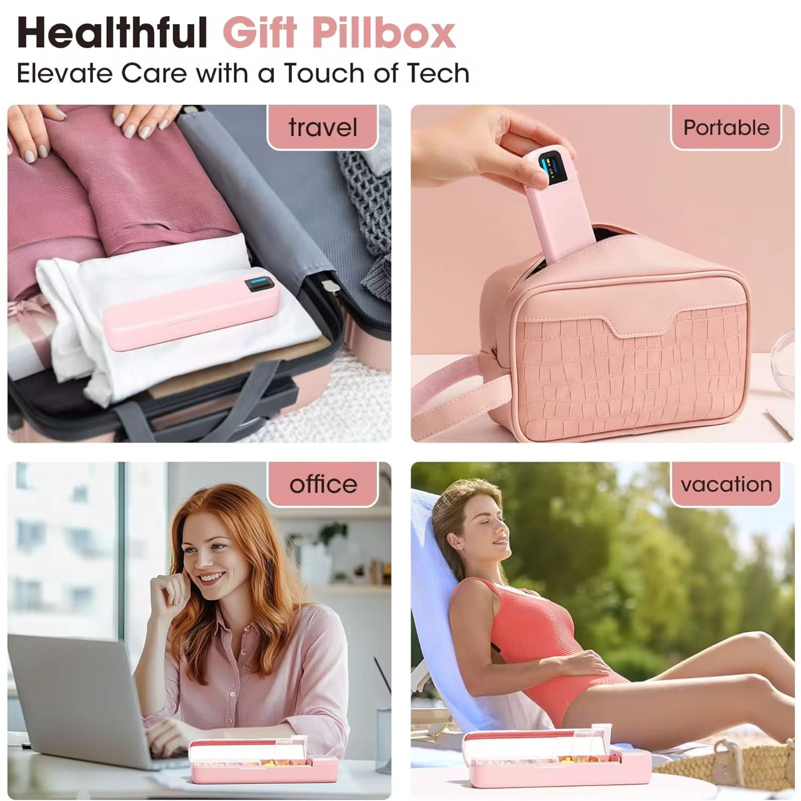 Smart pink pill organizer used for travel packing, portable bag storage, office desk, and vacation relaxation TUTT