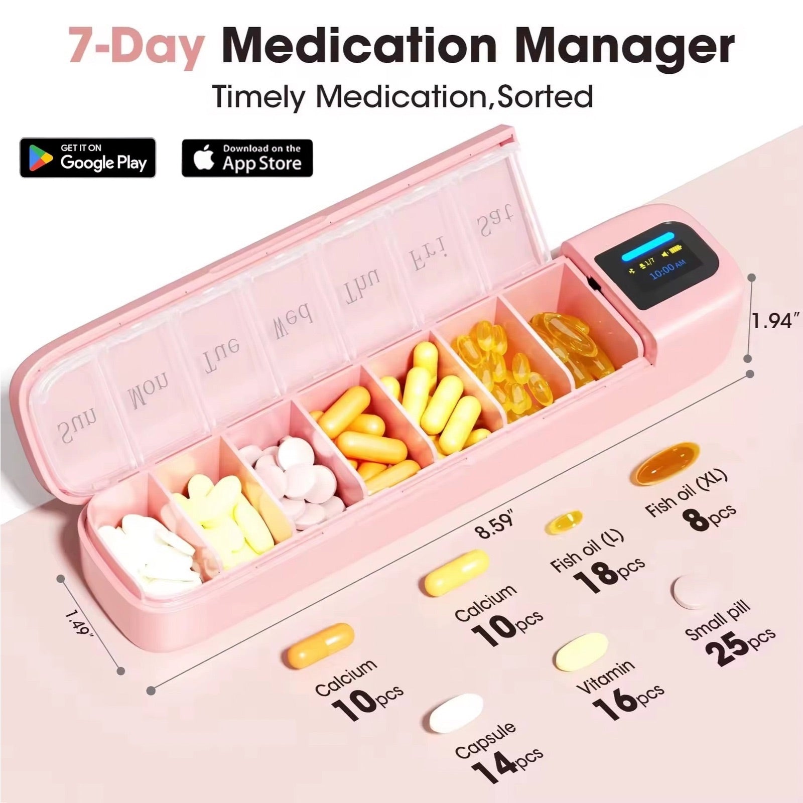 Pink 7-day medication manager pill organizer with digital display and compartments labeled by day, holding various pills and capsules TUTT