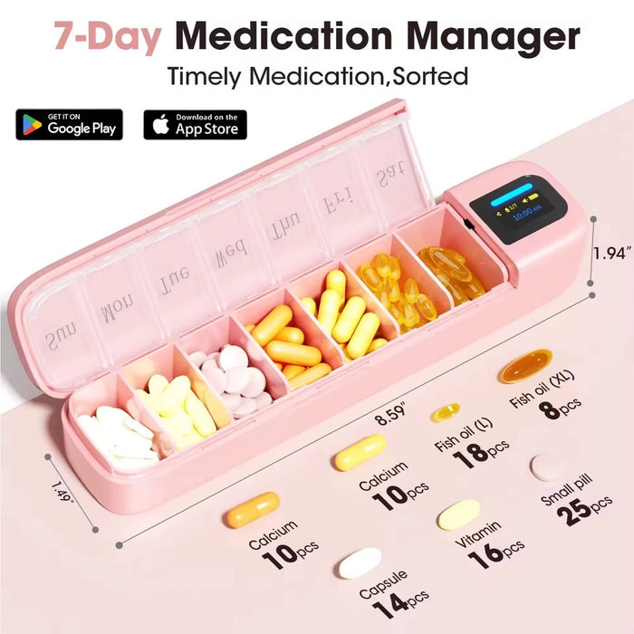 Pink 7-day medication manager pill organizer with digital display and compartments labeled by day, holding various pills and capsules TUTT