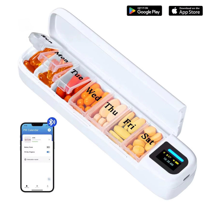 White smart pill organizer with seven labeled compartments for each day of the week, filled with various colored pills, connected to a smartphone app showing pill calendar and Bluetooth connection, digital display on device showing time and battery