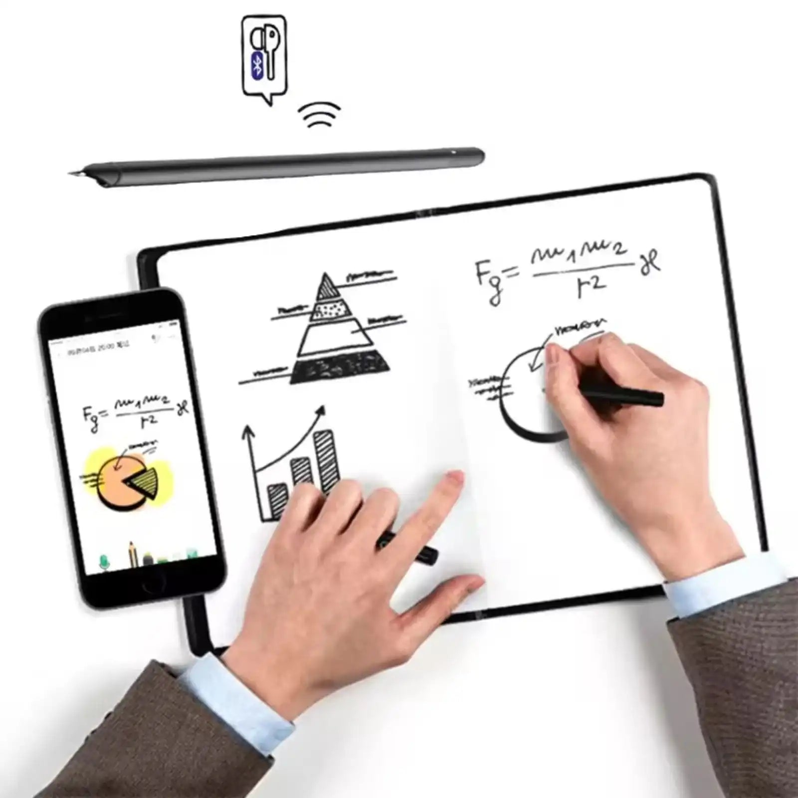 Person using smart notebook and digital pen with synced phone displaying charts and physics formula Bluetooth stylus TUTT