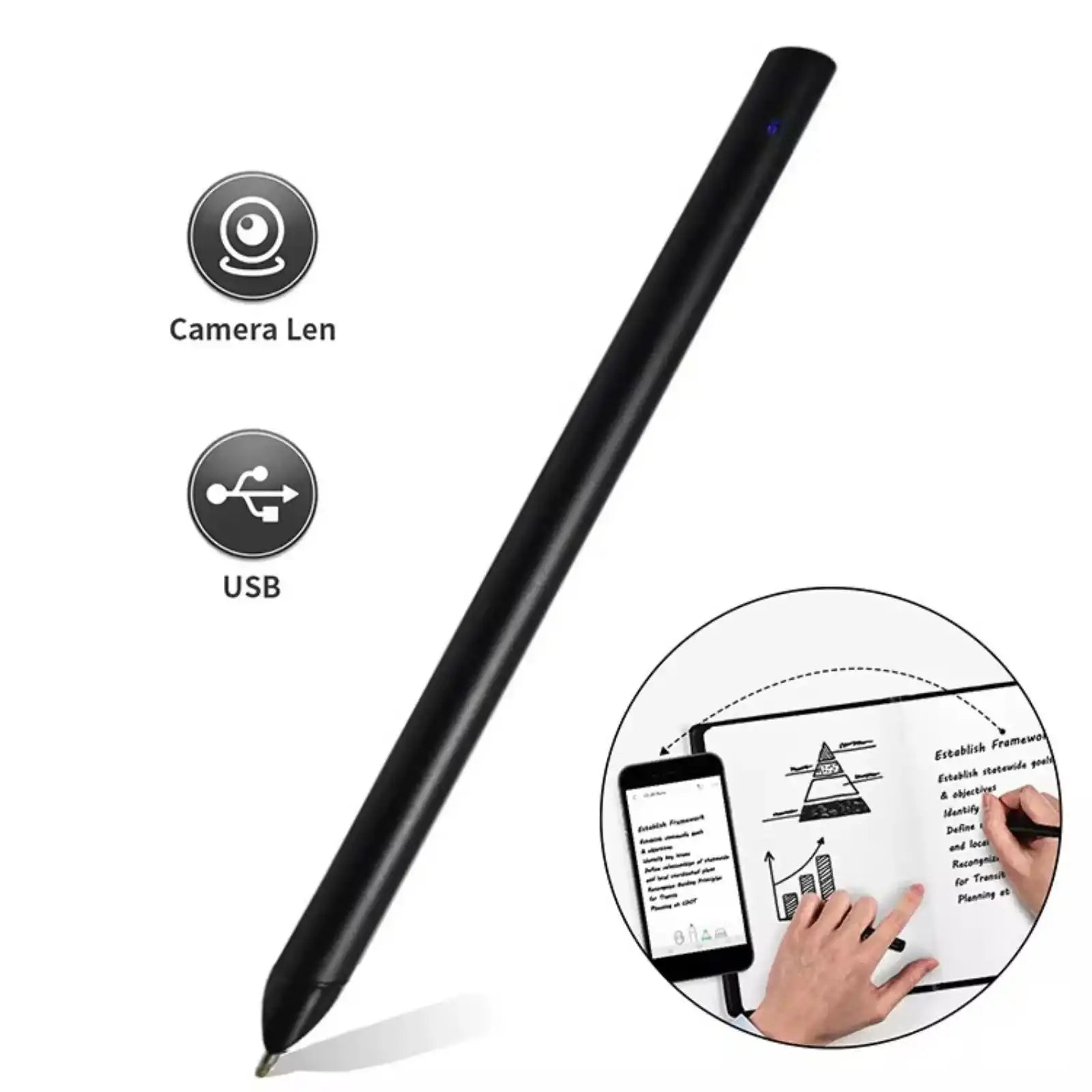 Black digital stylus pen with camera lens and USB icons, shown capturing handwritten notes on tablet screen TUTT