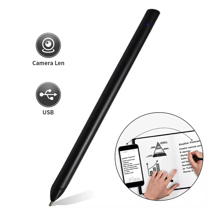 Black digital stylus pen with camera lens and USB icons, shown capturing handwritten notes on tablet screen TUTT