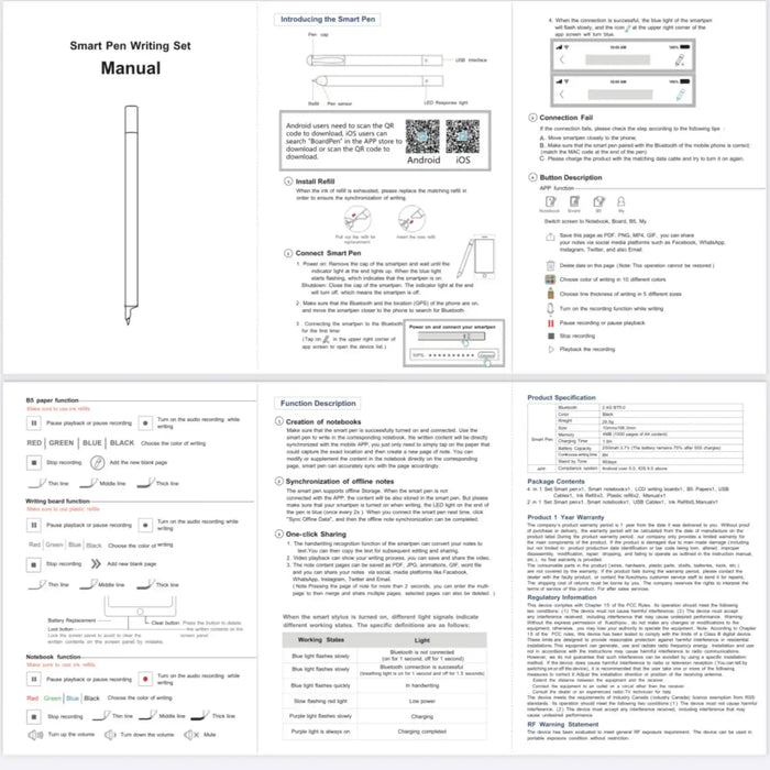 Smart Pen Writing Set manual showing pen components, QR codes for app download, and usage instructions TUTT