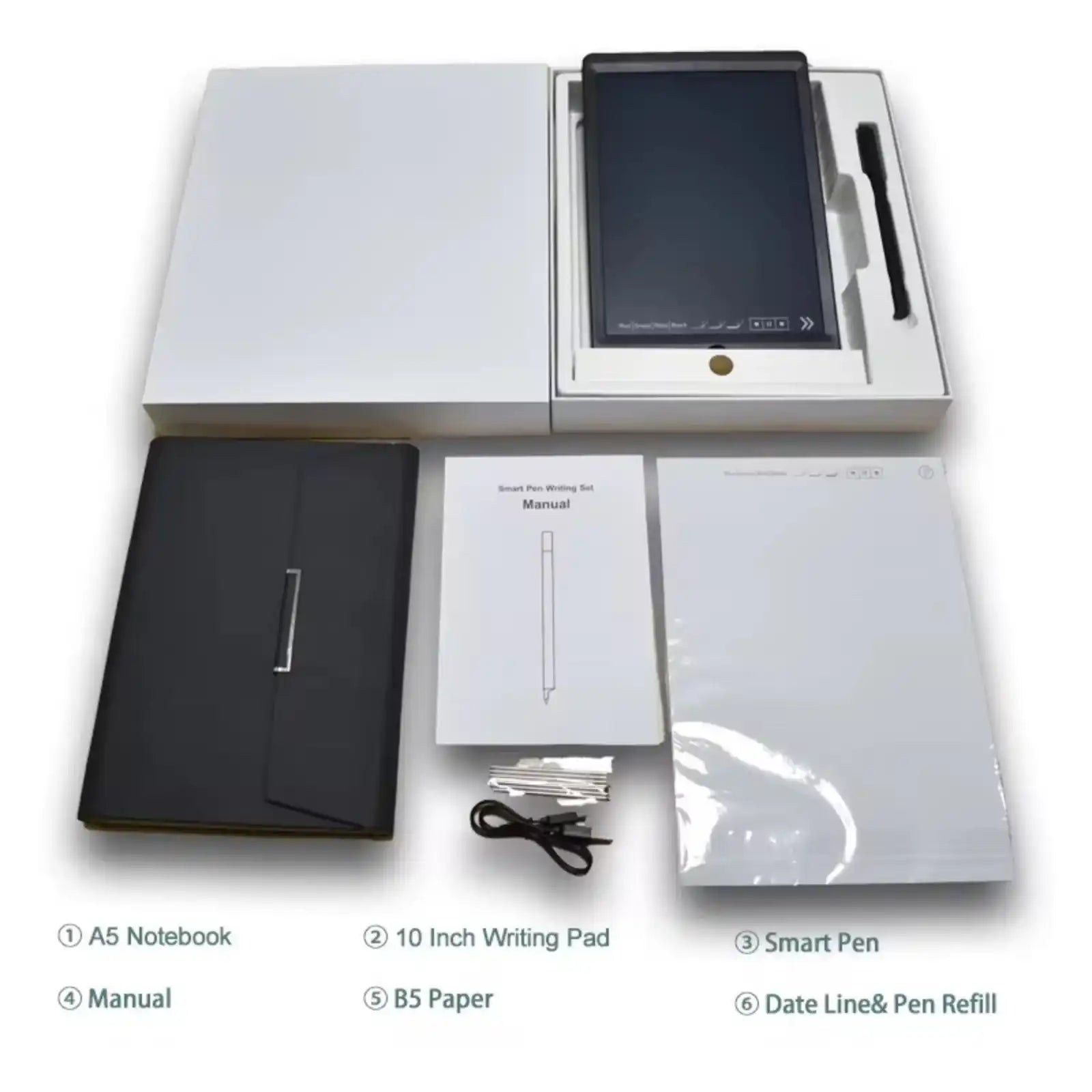Smart pen writing set with 10 inch writing pad, A5 notebook, B5 paper, manual, date line, and pen refill TUTT