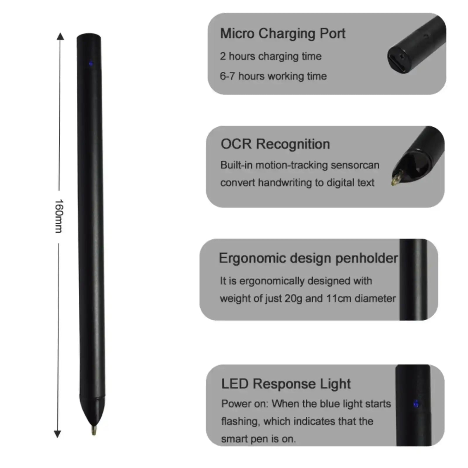 Black digital stylus pen with LED light, micro charging port, OCR recognition, ergonomic penholder, and measurement guide, TUTT
