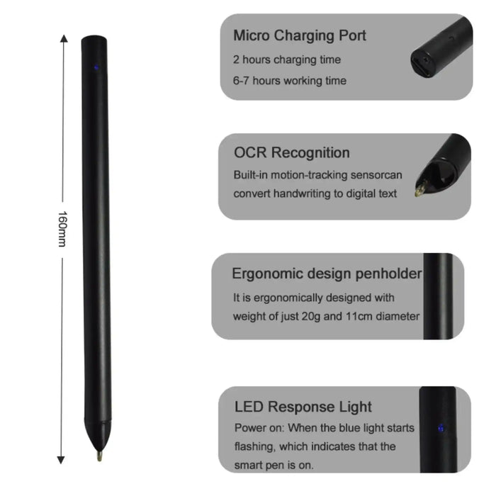 Black digital stylus pen with LED light, micro charging port, OCR recognition, ergonomic penholder, and measurement guide, TUTT