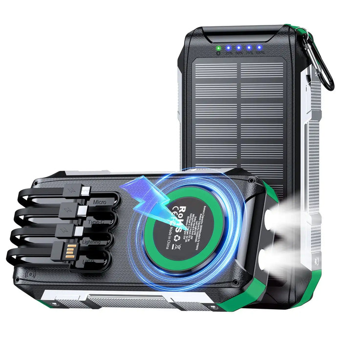 Black rugged 30000mAh solar power bank with built-in cables, wireless charging, and dual LED flashlight TUTT