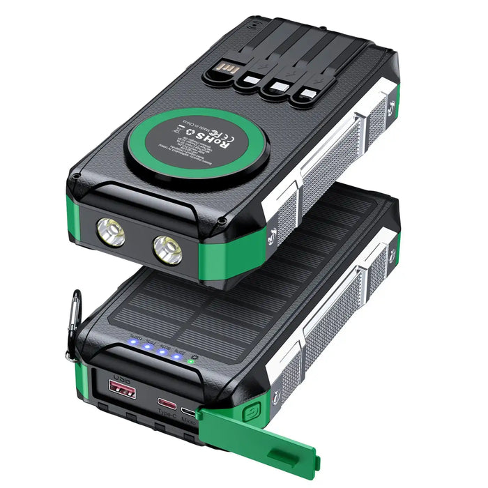Black and green rugged 30,000mAh solar power bank with wireless charging, built-in cables, flashlight, USB and Type-C ports TUTT