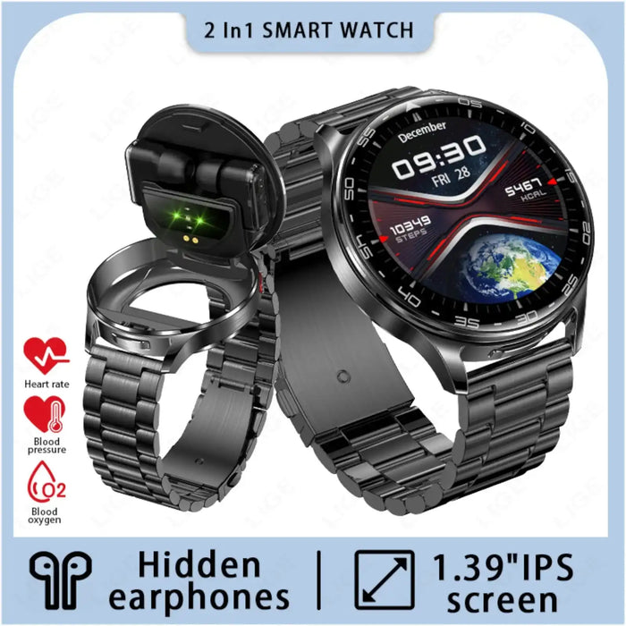 Metal smart watch with 1.39-inch IPS screen, showing time and fitness stats, featuring hidden earbuds and health monitoring TUTT