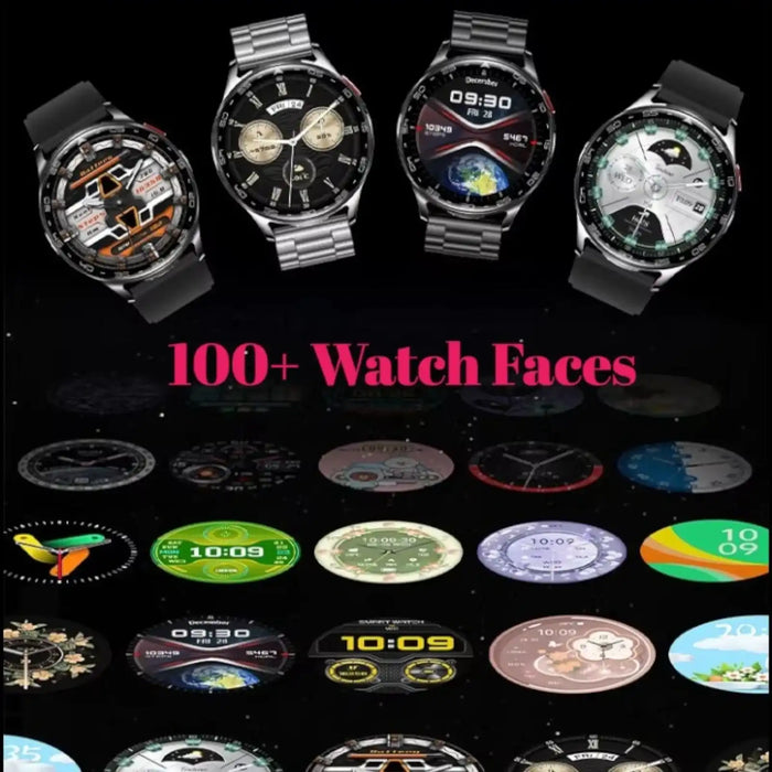 Smartwatch with metal and silicone bands showcasing various digital and analog watch faces with fitness and calendar features, 100+ options TUTT