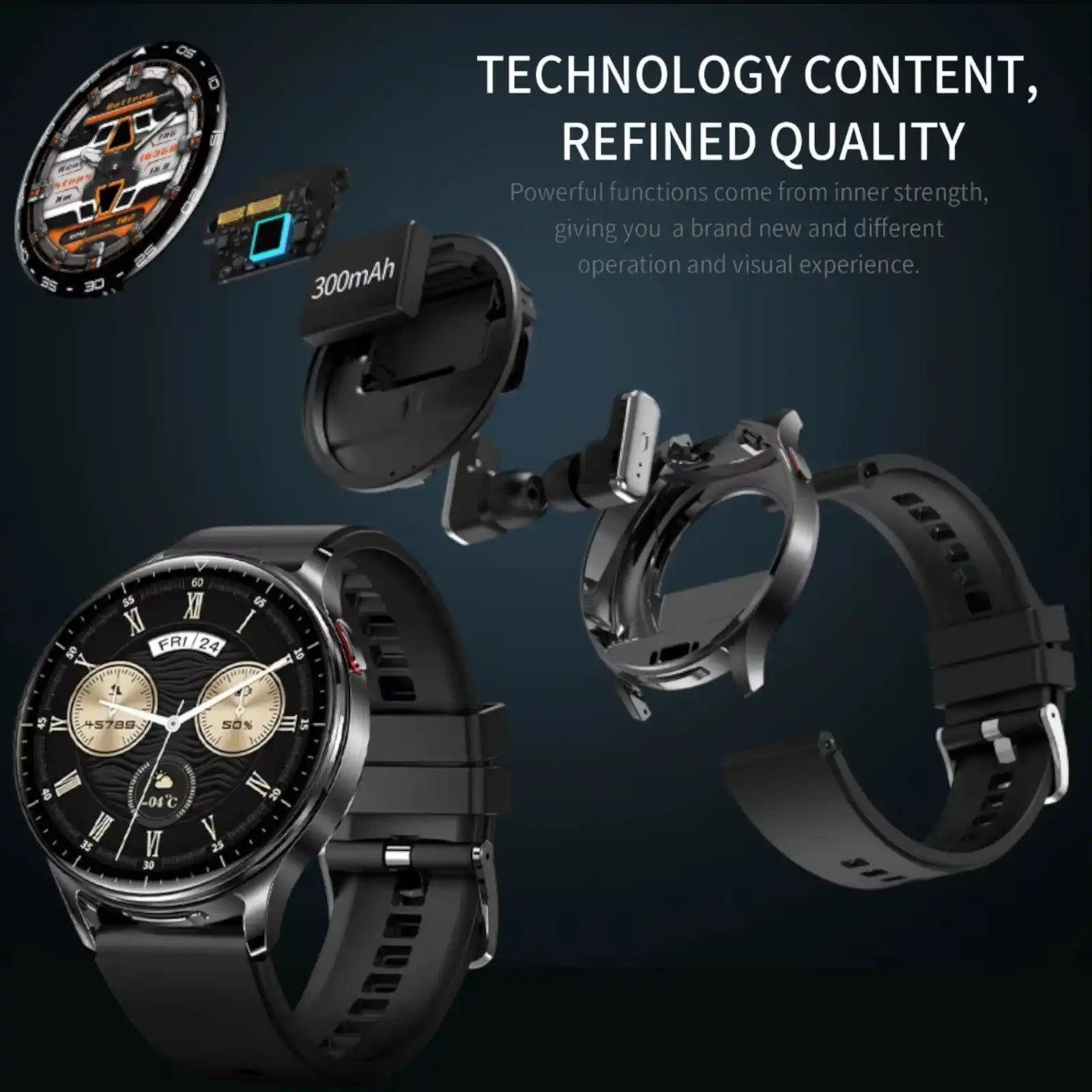 Black smartwatch with classic dial, exploded view showing 300mAh battery and internal components, technology and quality TUTT