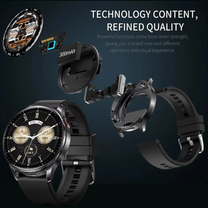Black smartwatch with classic dial, exploded view showing 300mAh battery and internal components, technology and quality TUTT