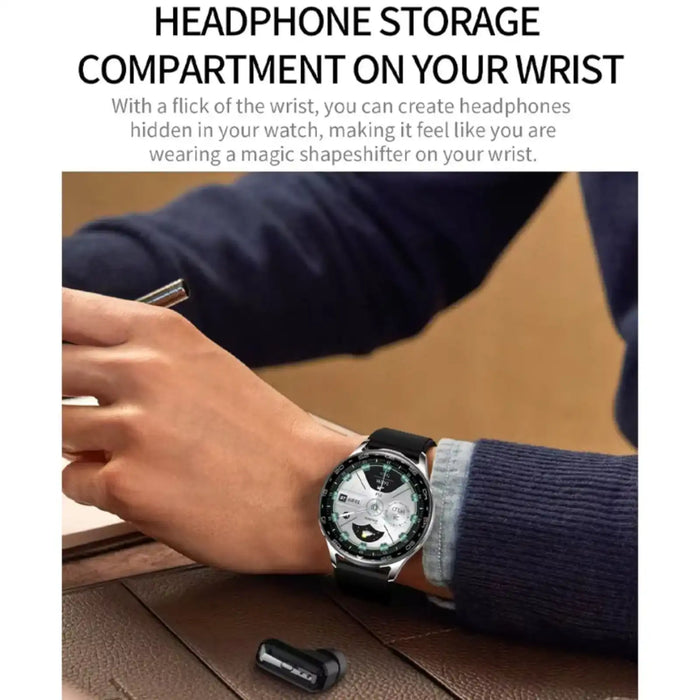 Smartwatch with headphone storage compartment on wrist, black strap, earbuds on table, technology innovation TUTT