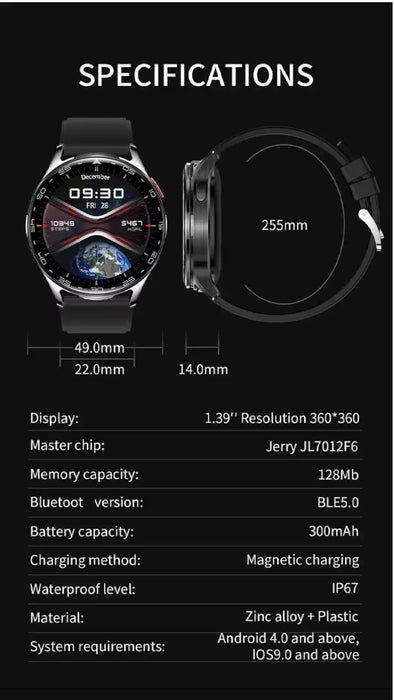 Smartwatch with 1.39 inch 360x360 display, magnetic charging, IP67 waterproof, zinc alloy and plastic body, BLE5.0 Bluetooth TUTT
