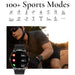 Cyclist wearing black sportswatch tracking heart rate, calories, and distance at sunset with 100+ sports modes icons TUTT